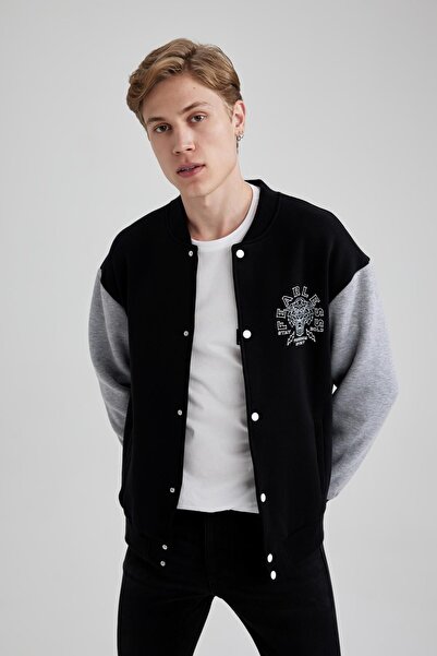 DeFacto Animal Print, Soft Feather, College Collar Bomber Cardigan - Wide Fit B1179Ax23Au