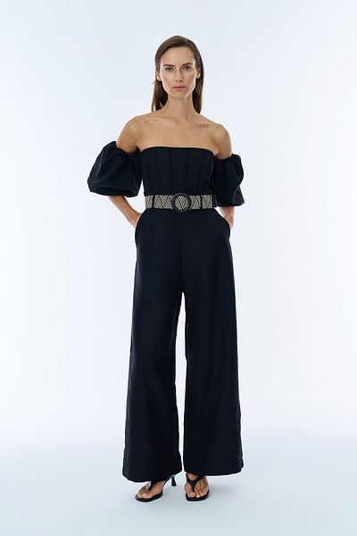 Quzu Black Long Jumpsuit - Balloon Sleeve and Belt Detail