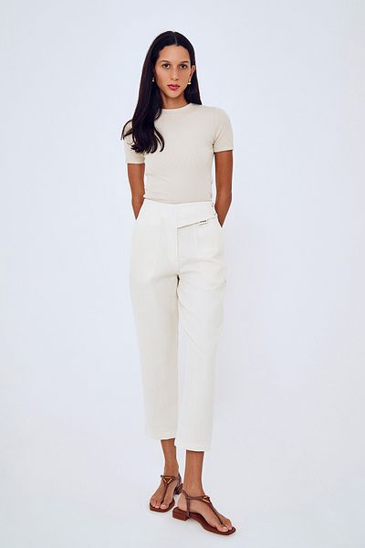 Quzu Natural Collared Trousers with High Waist and Label Detail