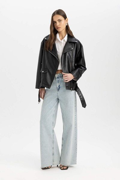 DeFacto Faux Leather Coat - Oversize Fit, Water Repellent, B1903ax24sp