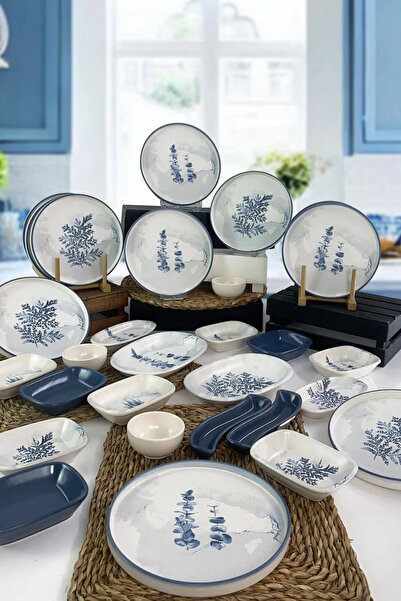 Keramika Karışık Mavi Çiçek Desenli Kahvaltı Takımı 12 Kişilik 30 Parça