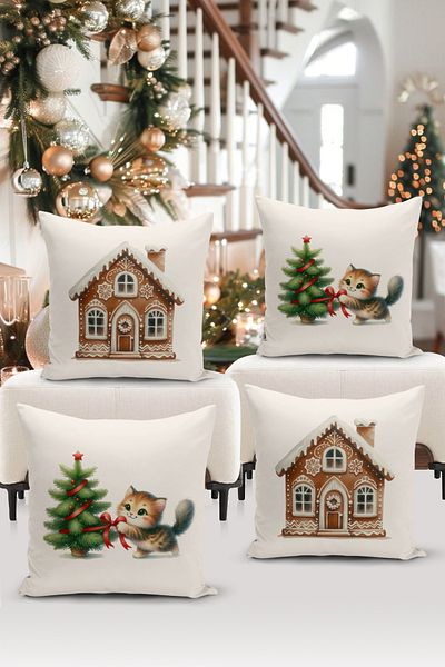 Bertille Home New Year Series - Double Sided Digital Printed 4-Piece Throw Pillow Cover Set (Christmas Christmas Cushion Cover)