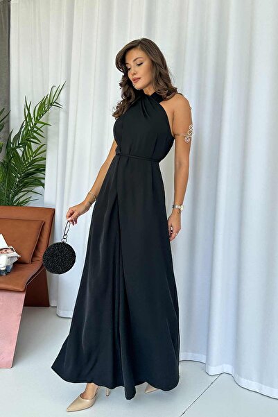 Mine Tan Butik Σατέν Γυναικεία Ολόσωμη φόρμα - Μαύρη, Λεπτομέρεια γραβάτας μπροστά