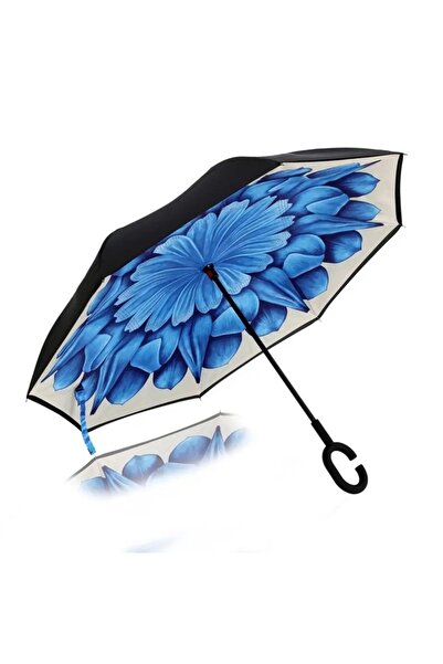 Aksesuar Kadın Şemsiye Ters Şemsiye Mavi Krem Papatya