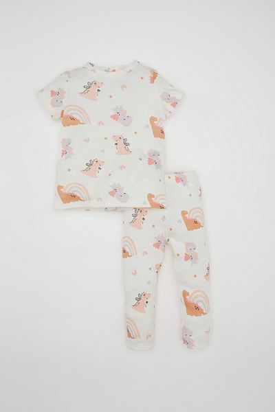 DeFacto Baby-Pyjama-Set für Mädchen mit Waffel-Dinosaurier-Aufdruck – kurze Ärmel, Oberteil und langer Unterteil C3474a524sm