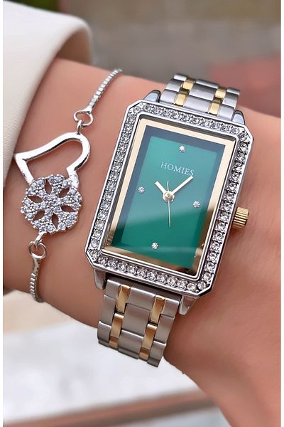 Homies Yellow Silver Colored Waterproof Women's Wristwatch and Bracelet Gift