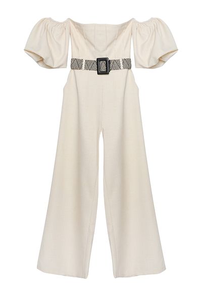 Quzu Balloon Sleeve Belted Long Jumpsuit Natural