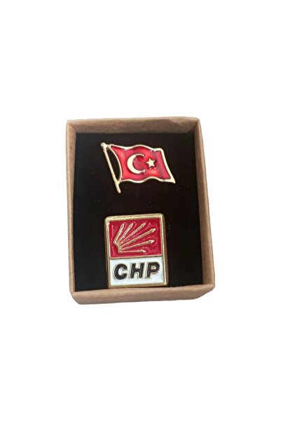cacatasarım Türk Bayrağı ve CHP Yazılı Metal Gold Yaka Rozeti 2'li Set Hediye...