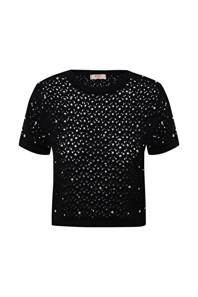 Quzu تريكو أسود - مع إكسسوارات لؤلؤية وفتحات