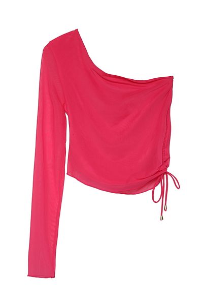 Quzu Neon Pink Single Shoulder Tulle Blouse - Side Gather Detail