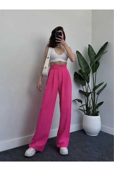 BILDEŞA High Waist Women's Palazzo Trousers - Velcro Waist Design