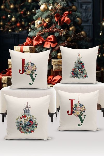 Bertille Home New Year Series - Double Sided Digital Printed 4-Piece Throw Pillow Cover Set (Christmas Christmas Cushion Cover)
