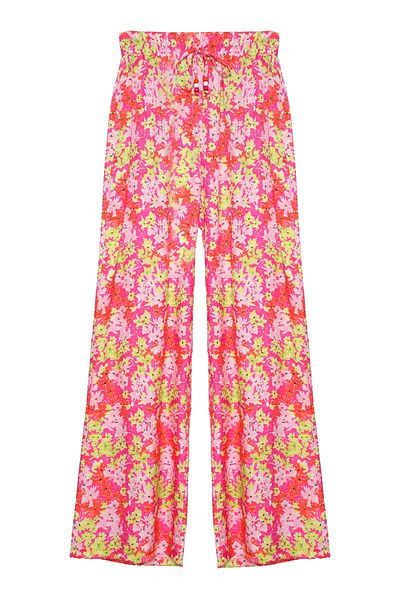 Quzu Fuchsia Colored Flower Patterned Elastic Waist Trousers