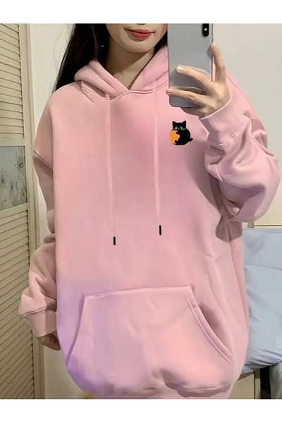 PALPİTO Γυναικεία κουκούλα με ροζ γάτα - Φούτερ με κουκούλα 3 νημάτων