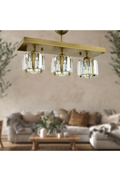 Apliqa Sabrina 3 Lü Sıralı Eskitme Plafonyer Kristalli Taşlı Modern Tasarım Kristal Salon Avize