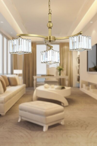 Apliqa Rima 3 Kollu Eskitme Kristalli Taşlı Modern Tasarım Salon-Yatak Odası Kristal Salon Avize