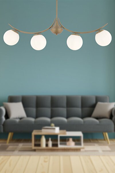 Apliqa Germaine 4'lü Sıralı Eskitme Beyaz Camlı Modern Oturma Odası Salon Avize