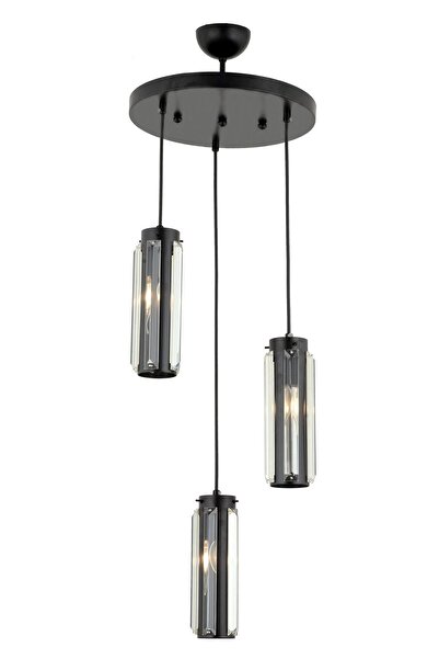 Apliqa Natali 3 Lü Siyah Kristalli, Taşlı Modern Tasarım Kristal Salon Sarkıt Avize