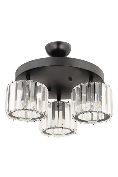 Apliqa Sabrina 3Lü Siyah Yuvarlak Kristalli Taşlı Modern Tasarım Kristal Salon Plafonyer Avize