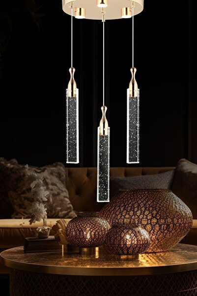 Apliqa Klaus 3'lü Yuvarlak 3 Renkli 48 Watt Gold Kristal Ledli Modern Oturma Odası Salon Sarkıt Avize