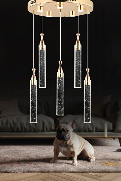 Apliqa Klaus 6'li Yuvarlak 3 Renkli 75 Watt Gold Kristal Ledli Modern Oturma Odası Salon Sarkıt Avize