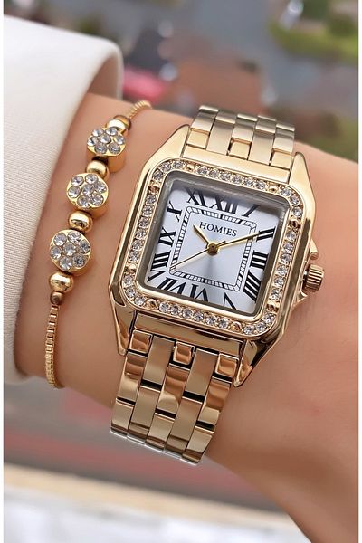Homies Brand Gold Color Square Waterproof Women's Wristwatch - With Bracelet Gift