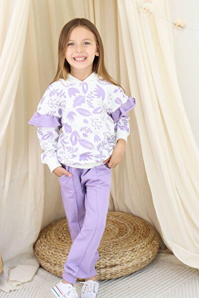 Riccotarz Lilac Hooded Tracksuit Set - Girl, Leaf Print and Ruffle Detail
