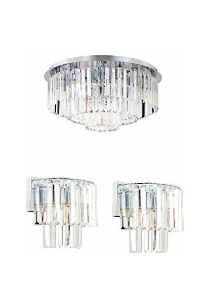 Apliqa Nilüfer Yuvarlak Krom 3 Parça Kristalli Taşlı Modern Tasarım Kristal Salon Avize-Aplik Seti