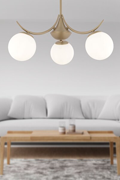 Apliqa Germaine 3'lü Yuvarlak Eskitme Beyaz Camlı Modern Oturma Odası Salon Avize