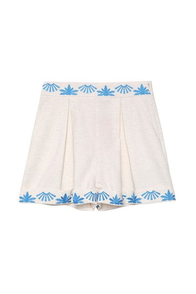 Quzu Natural Colored Embroidered Double Leg Mini Shorts