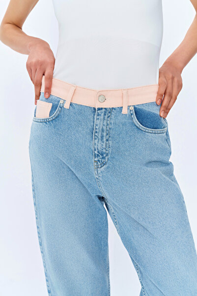 Quzu Renkli Bel Detaylı Geniş Paça Kot Pantolon Mavi