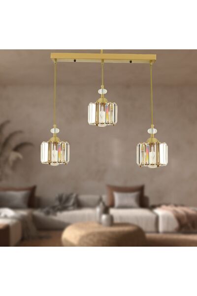 Apliqa Bonita Eskitme 3 Lü Sıralı Kristalli Taşlı Modern Tasarım Kristal Salon Sarkıt Avize