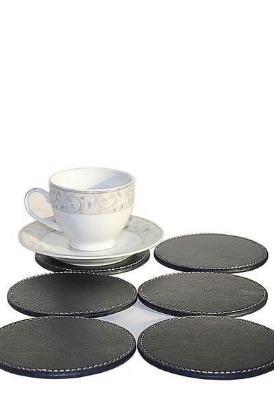 Arkem Black Leather Coaster, Cup, Cup, Mug, Coaster 6 Pieces