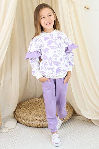 Riccotarz Lilac Hooded Tracksuit Set - Girl, Leaf Print and Ruffle Detail