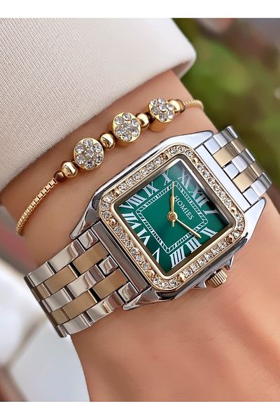 Homies Brand Yellow Silver Color Square Waterproof Women's Wristwatch - With Bracelet Gift