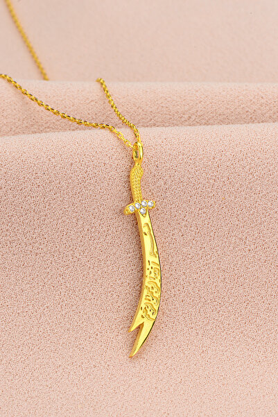 Bilsen Store 925 Ayar Gümüş Zincirli Altın Kaplama Zülfikar Kılıcı Kolye