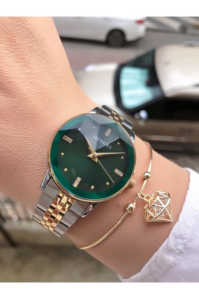 Homies Women's Wristwatch Cutout Green Glass Original Steel Cord with Gift Box and Bracelet Gift.