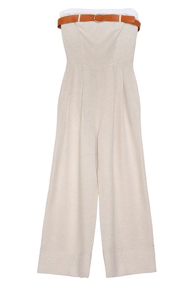 Quzu Strapless Linen Jumpsuit - Wide Leg, Belted, Natural