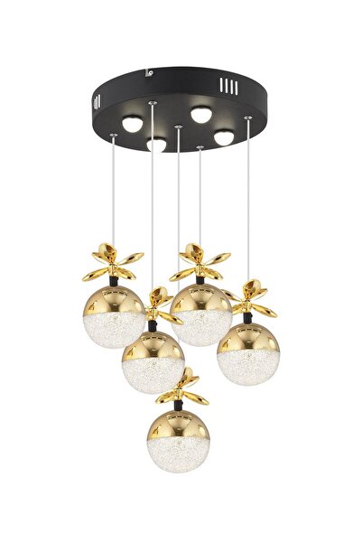 Apliqa Lokken 5'li Yuvarlak 50 Watt Gold Kristal Ledli Modern Oturma Odası Salon Sarkıt Avize