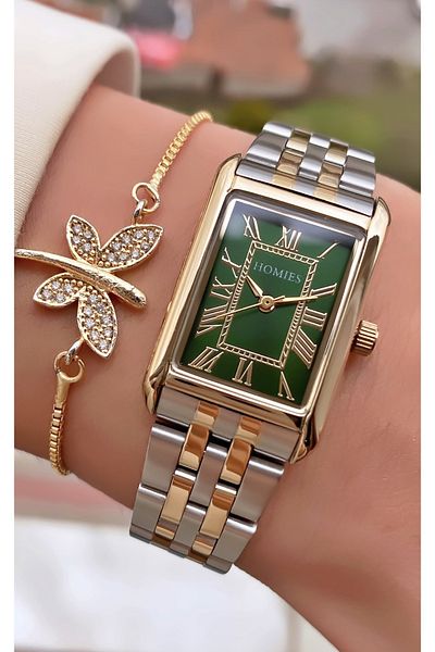 Homies Yellow Silver Colored Waterproof Women's Wristwatch and Bracelet Gift