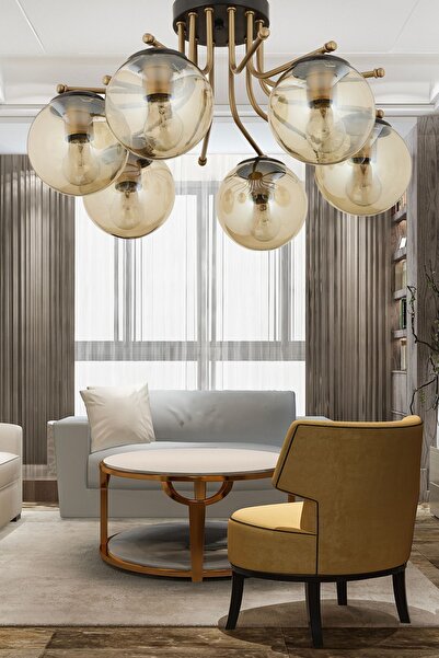 Apliqa Edin 6Lı Siyah Eskitme Bal Camlı Modern Genç Odası Yatak Odası Salon Avize