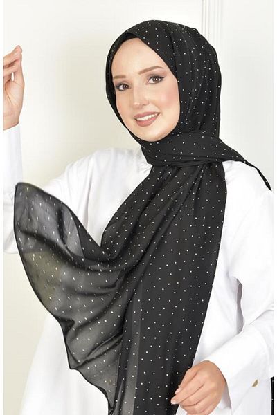 BURDEN IPEK Black Chiffon Shawl - Full Stone Detailed