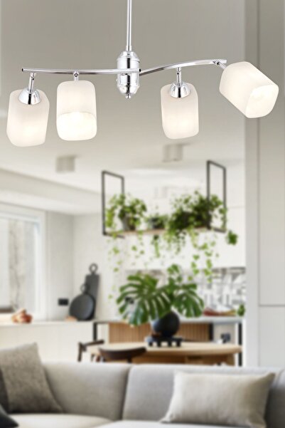 Apliqa Abbey 4'lü Krom Beyaz Camlı Yuvarlak Modern Oturma Odası Salon Spot Avize