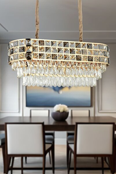 Apliqa Orrel 8li Sıralı Gold Kristal Taşlı Modern Yemek Odası Salon Sarkıt Avize