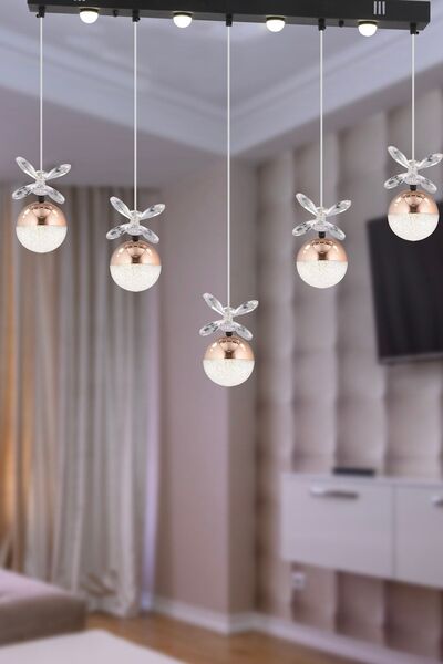 Apliqa Lokken 5'li Sıralı Bakır 50 Watt Kristal Ledli Modern Oturma Odası Salon Sarkıt Avize