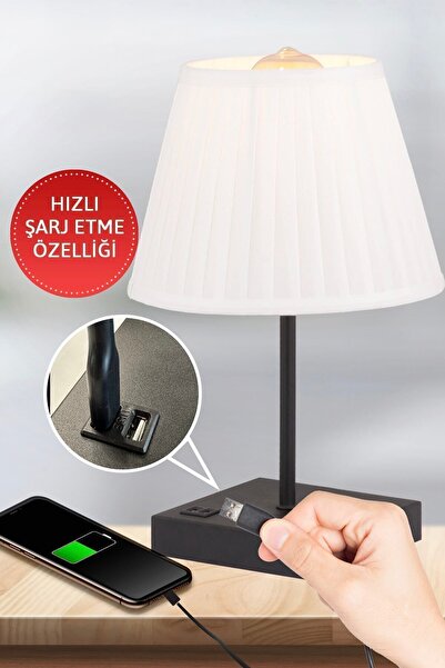 Apliqa Edel Usb Girişli Hızlı Telefon Şarj Edilebilir Beyaz Şapkalı Siyah Masa Lambası Abajur