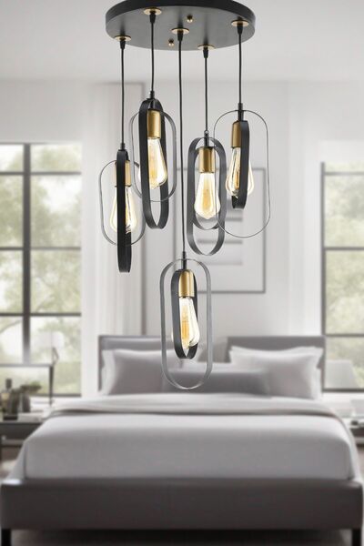 Apliqa Koza 5Li Yuvarlak Siyah Modern Genç Odası Mutfak Retro Salon Sarkıt Avize