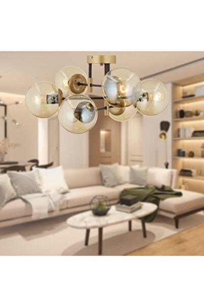 Apliqa Maral 6Lı Siyah Eskitme Bal Camlı Modern Genç Odası Yatak Odası Retro Salon Avize