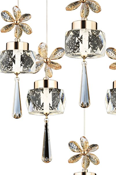 Apliqa Amaris 6'lı Yuvarlak Gold Kelebek Led Avize Kristal Ledli Modern Oturma Odası Büyük Salon Sarkıt