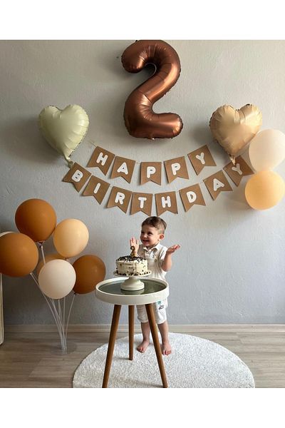 Çemrek Süs Parti 2 Years Old Milk Coffee and Chocolate Coffee Balloon Set and Kraft Happy Brithday Pennant Banner